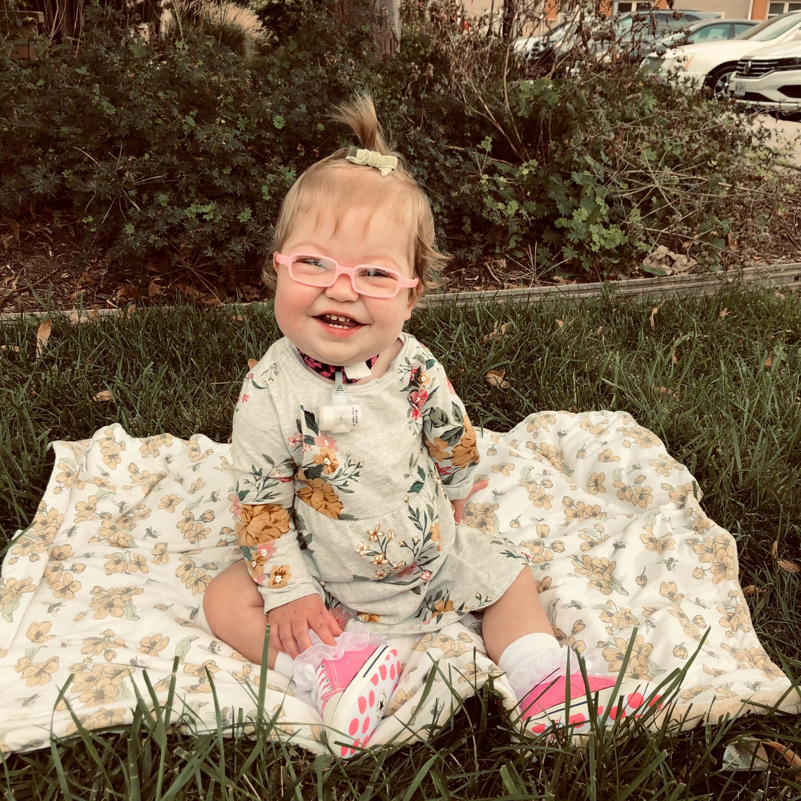 Emery sitting on a blanket