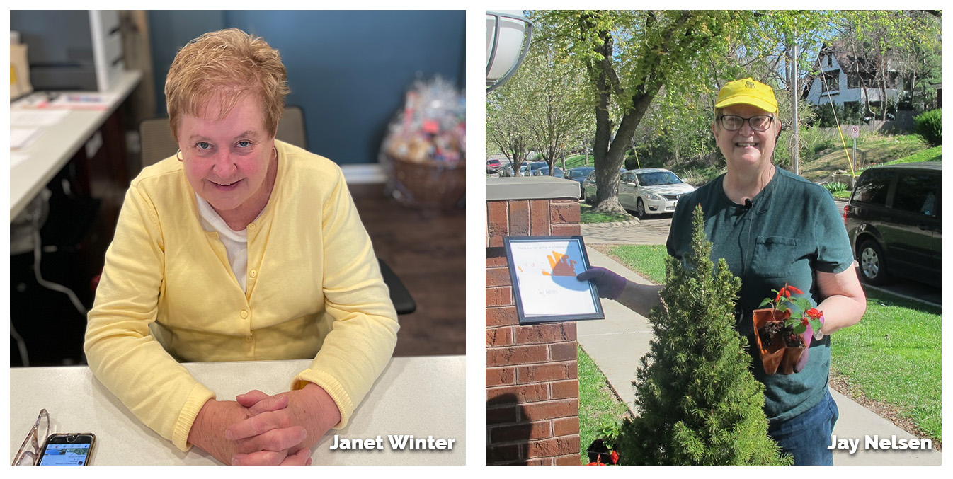 collage of photos, one with Janet Winter sitting at the RMHC front desk, the other with Jay Nelsen doing some gardening at the house