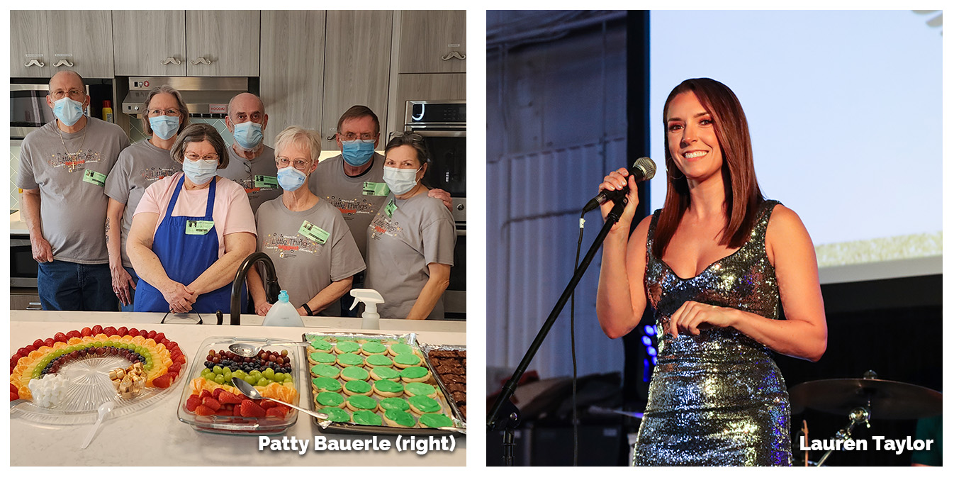 collage of photos, one with Patty Bauerle and her friends after preparing a meal for families, the other with Lauren Taylor emceeing the Wings and Wheels Omaha gala
